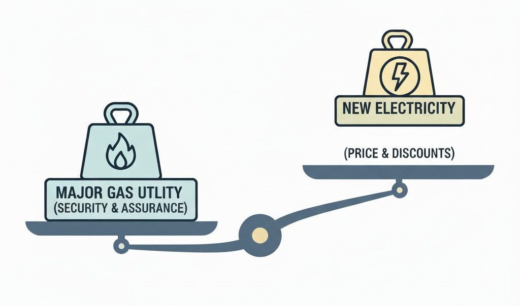 大手ガス会社系（安心・保証） vs 新電力系（価格・割引）